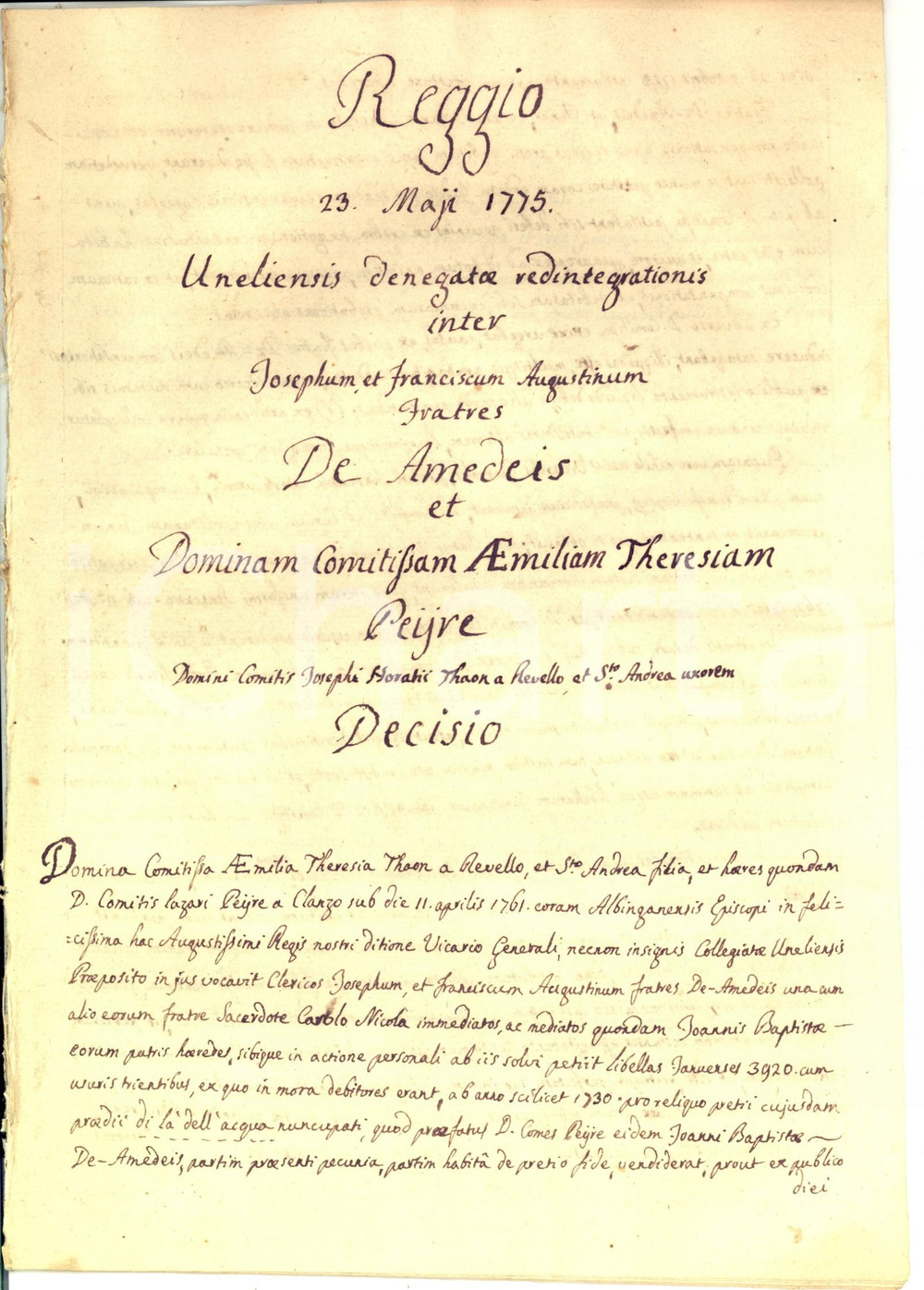 Documento originale, autentico 1775 TORINO Contessa Emilia PEYRE THAON DI REVEL vs debitori DE AMEDEIS 16 pp. 1