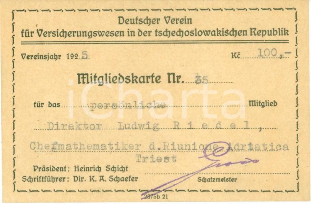 Documento originale, autentico 1925 TRIESTE Deutscher Verein Versicherungswesen tschechoslowakischen Republik 1