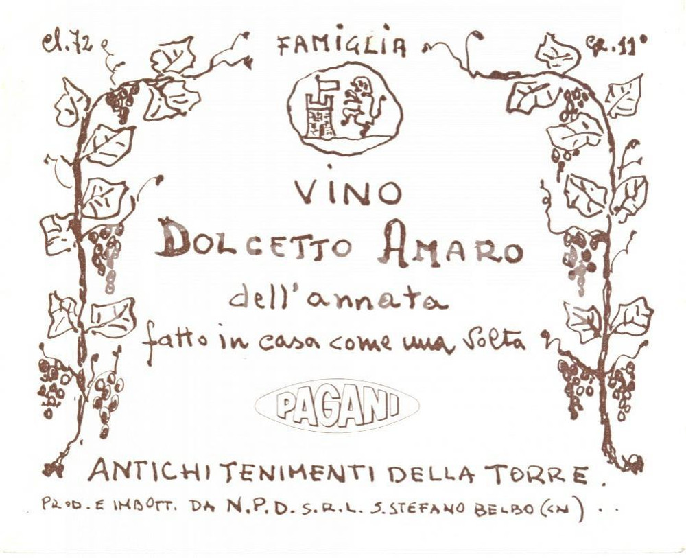 Materiale pubblicitario d’epoca 1970 ca SANTO STEFANO BELBO CN Vino DOLCETTO AMARO Distilleria NPD ILLUSTRATA 1