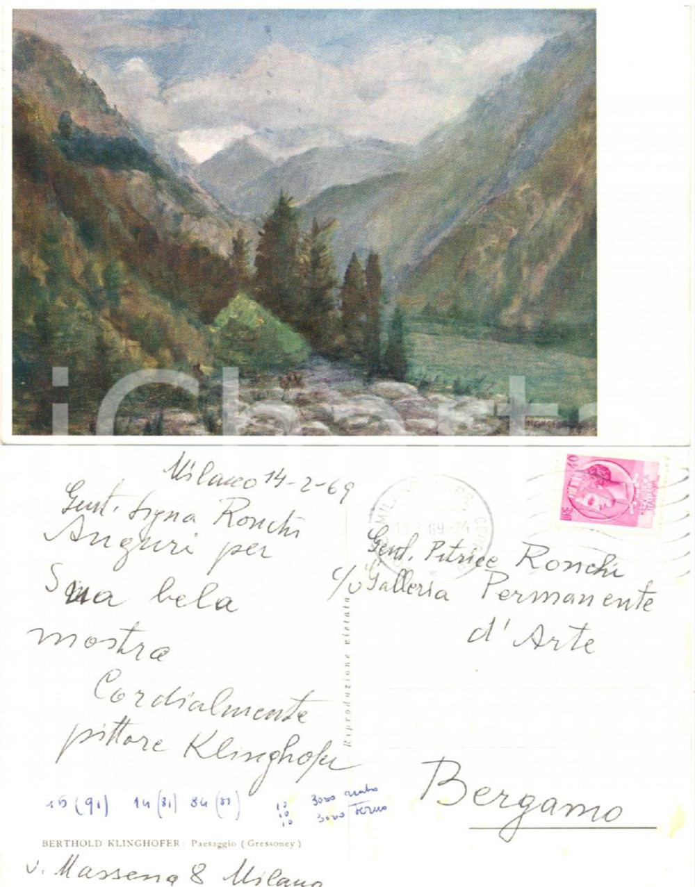 Autografo originale 1969 MILANO Pittore Berthold KLINGHOFER - Cartolina con AUTOGRAFO 1