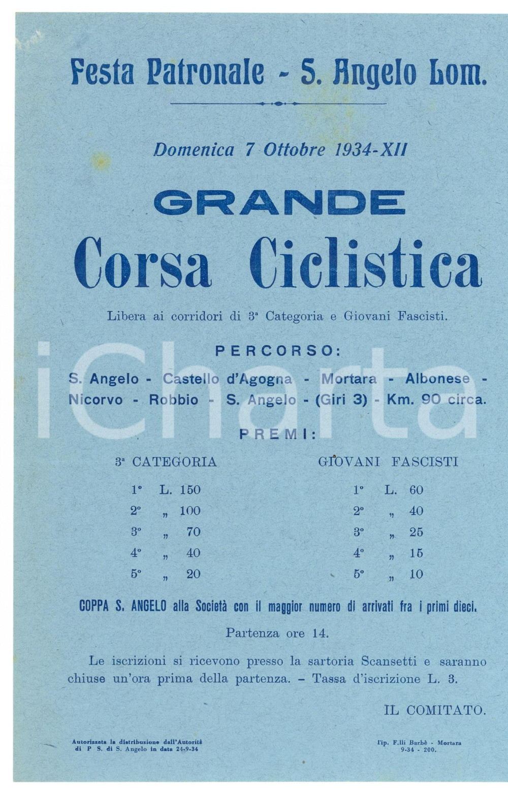 Materiale pubblicitario d’epoca 1934 SANT ANGELO LOMELLINA Grande corsa ciclistica festa patronale Volantino 1