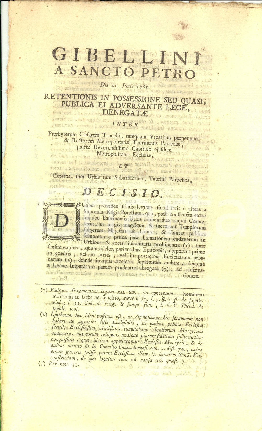 Documento originale, autentico 1783 TORINO Don Cesare TRUCCHI contro i parroci per sepoltura non residenti 1