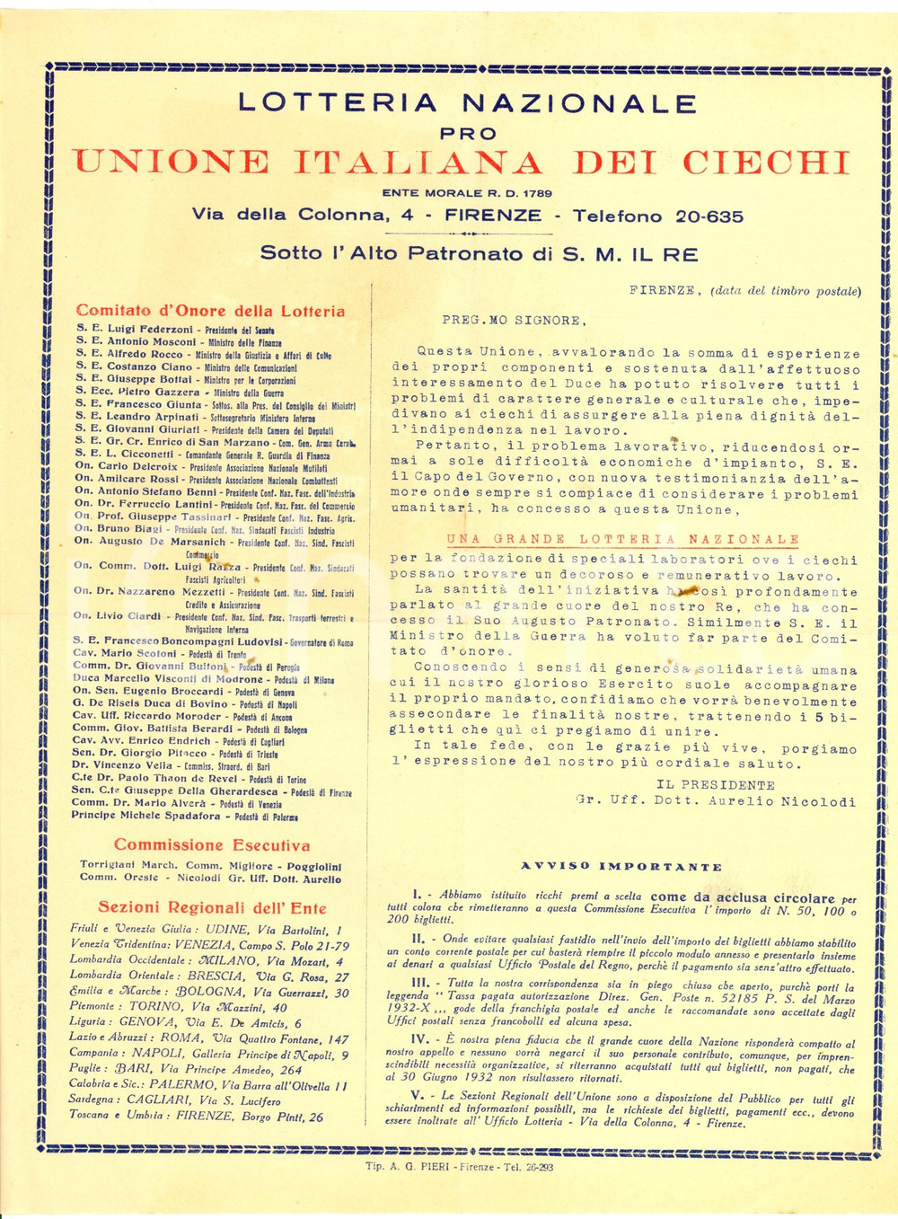 Materiale pubblicitario d’epoca 1930 Lotteria Nazionale pro UNIONE ITALIANA DEI CIECHI  Volantino 1
