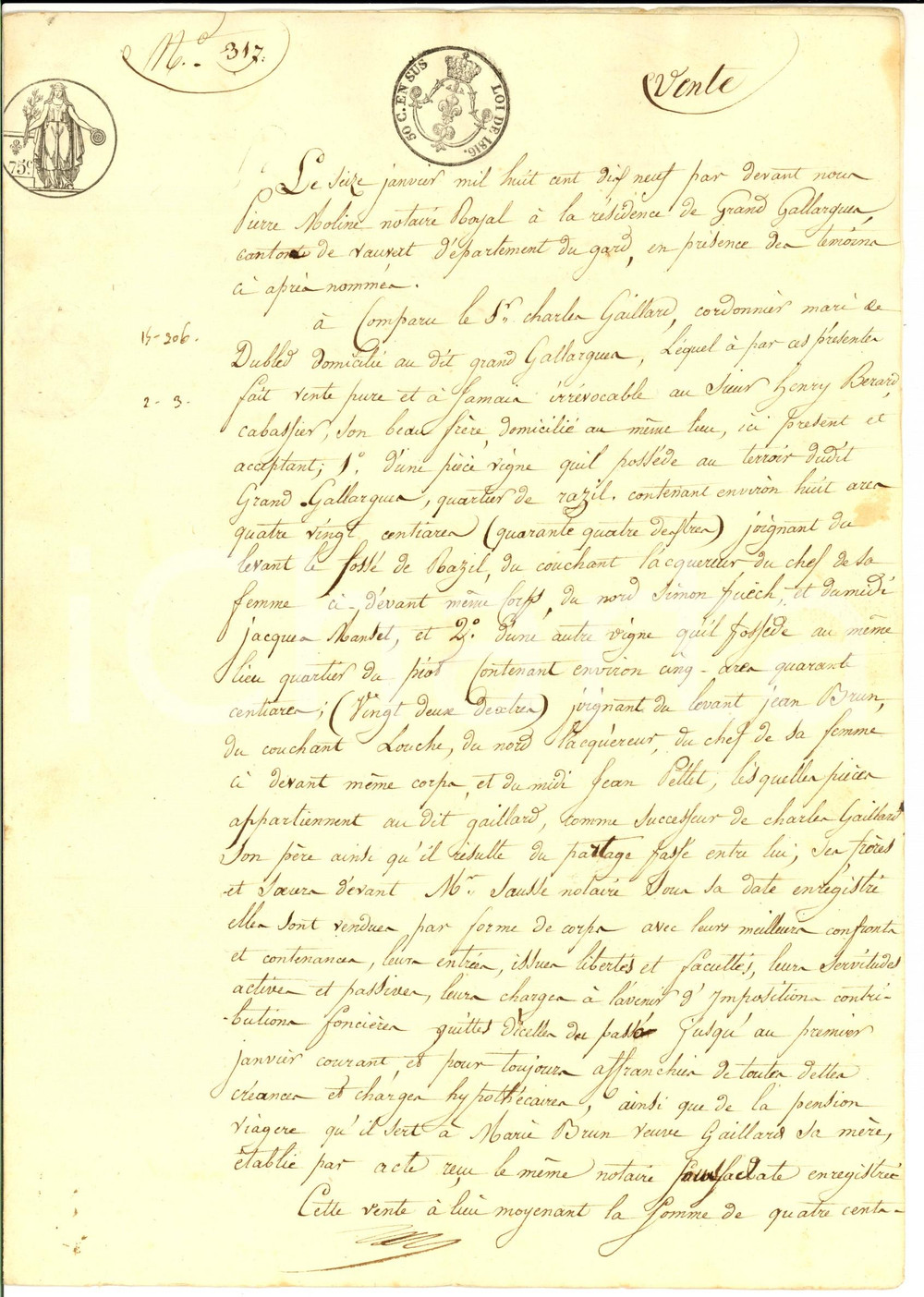 Documento originale, autentico 1819 GALLARGUESLEMONTUEUX Charles GAILLARD vende una vigna a Henri BERARD 1