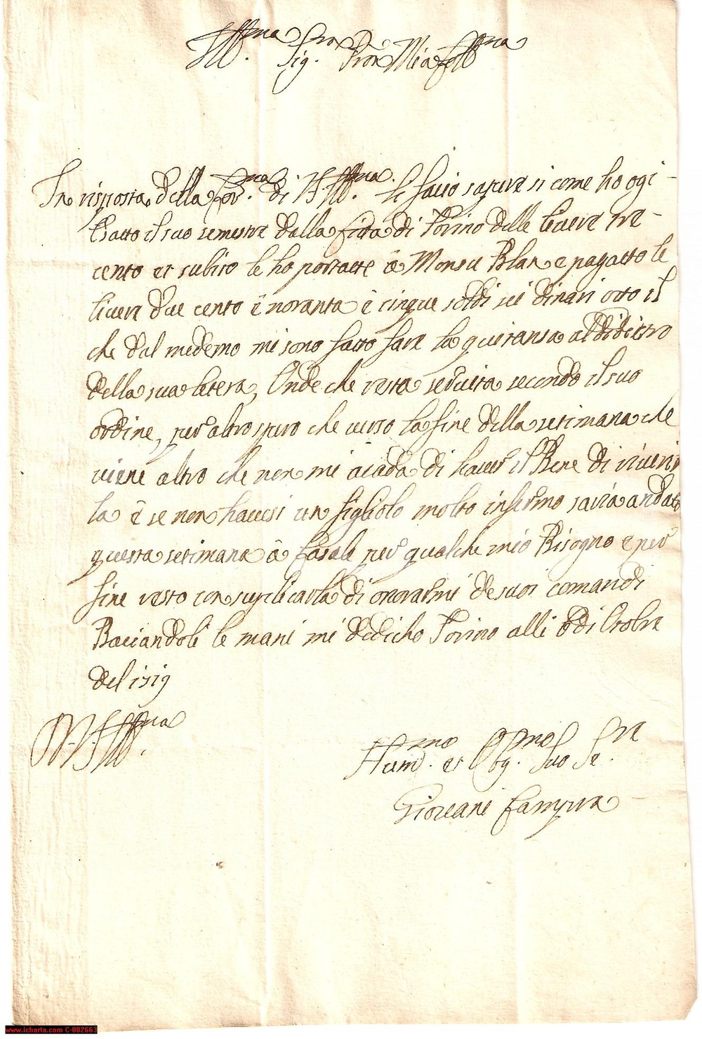 Manoscritto, lettera originale 1719 CASALE MONFERRATO Affari contessa Ludovica CALORI GALVAGNI Lettera 1