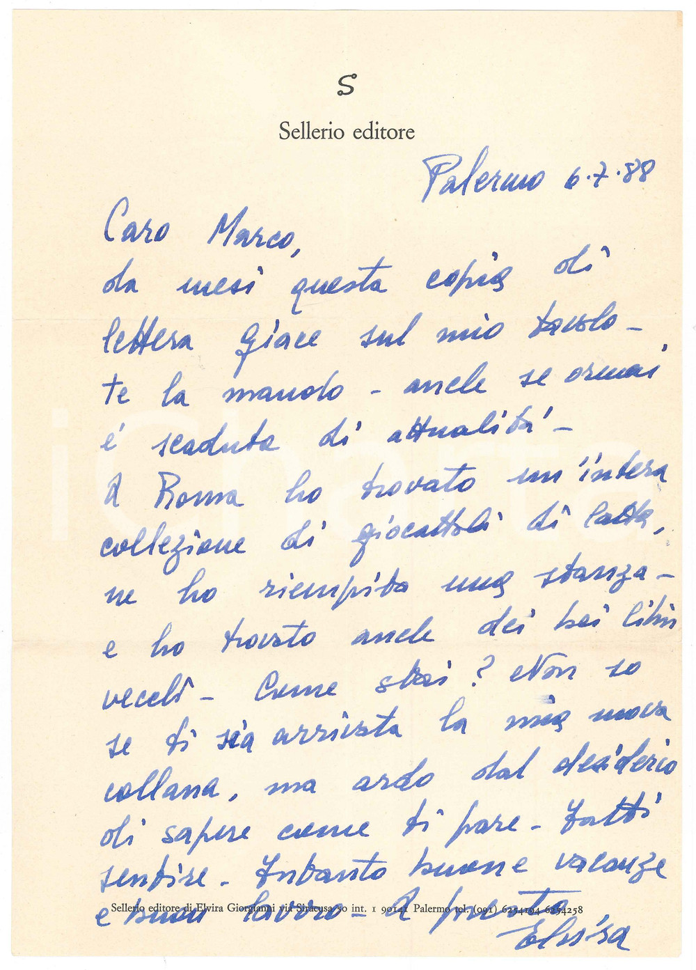 Autografo originale 1988 PALERMO Elvira SELLERIO e una collezione giocattoli di latta AUTOGRAFO 1