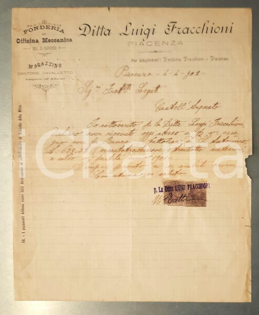 Documento originale, autentico 1902 PIACENZA Ditta Luigi FRACCHIONI riscuote assegno Banca CATTOLICA 1