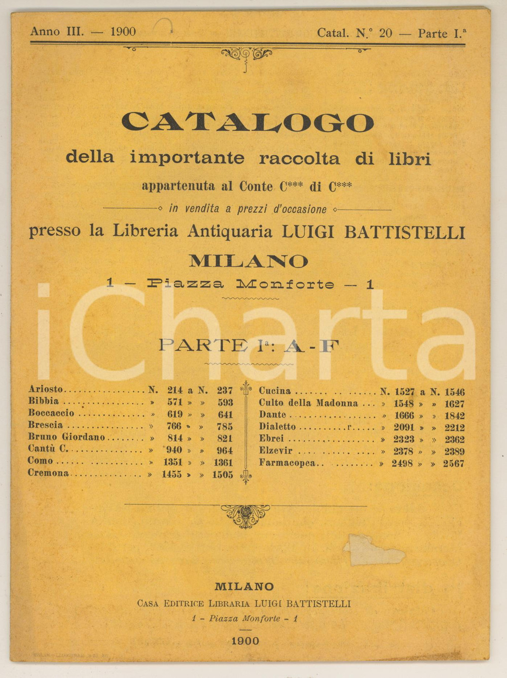Libro, pubblicazione d epoca 1900 MILANO Catalogo importante raccolta libri Conte C. di C. Luigi BATTISTELLI 1
