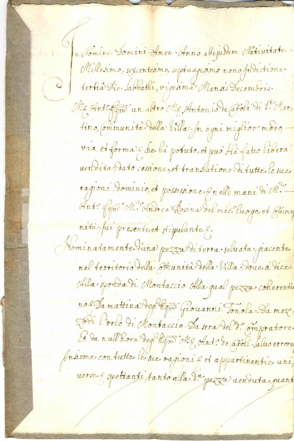 Documento originale, autentico 1679 VILLA DI CHIAVENNA SO Antonio DE CAROLI vende bosco SPONDA DI MONTACCIO 1
