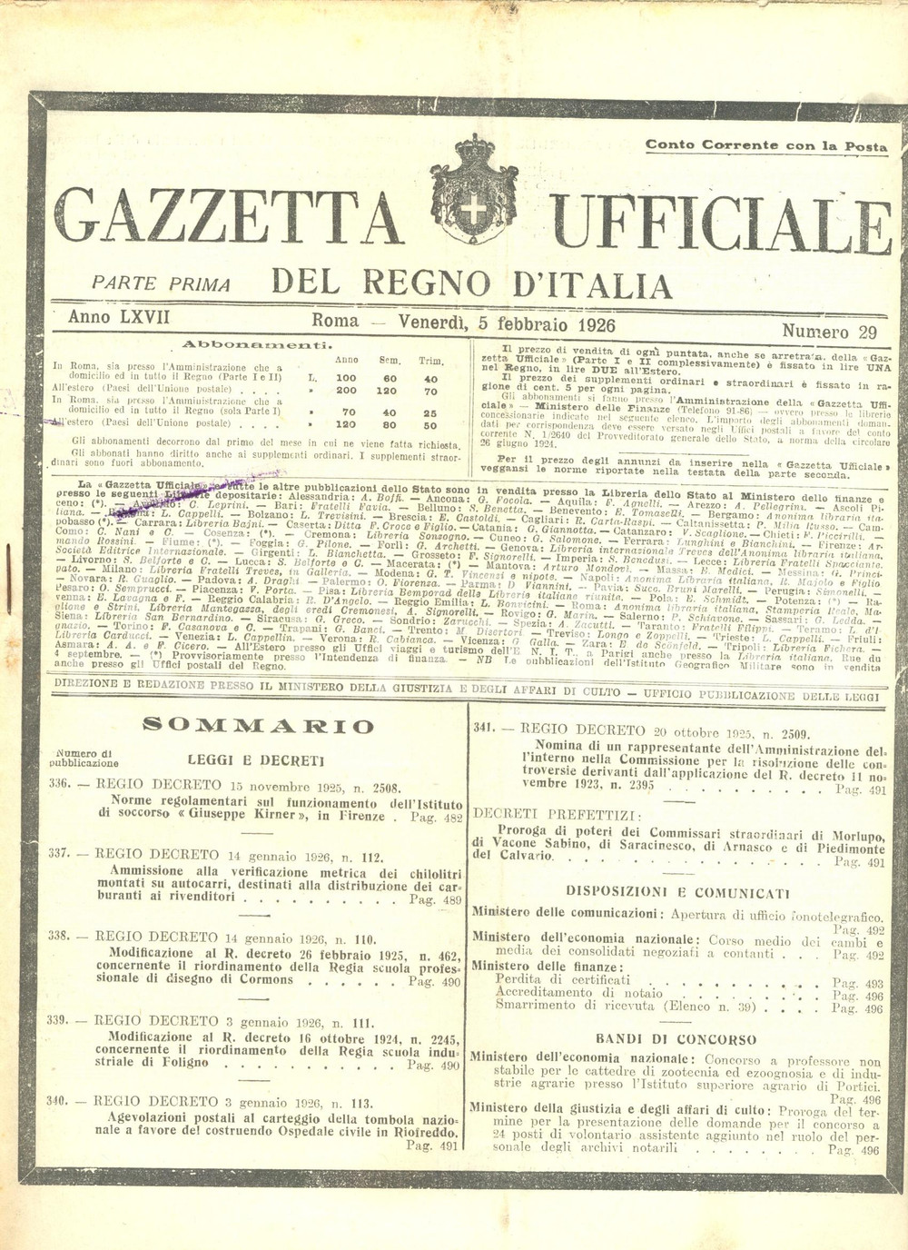Documento originale, autentico 1926 GAZZETTA UFFICIALE Istituto Giuseppe KIRNER di FIRENZE Norme funzionamento 1