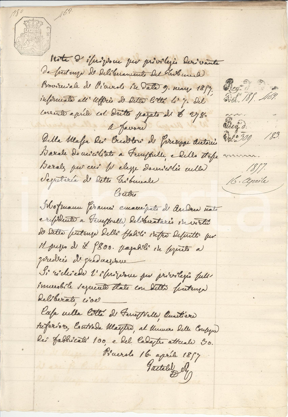 Documento originale, autentico 1857 FENESTRELLE Giuseppe Antonio BARALE vs Giovanni HOFMANN Contrada maestra 1