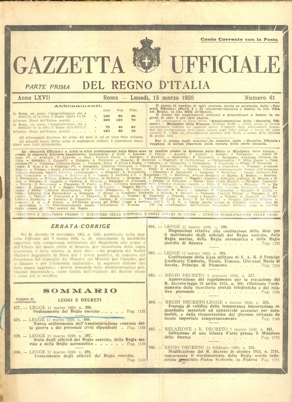 Documento originale, autentico 1926 GAZZETTA UFFICIALE Nuovo ordinamento REGIO ESERCITO amministrazioni guerra 1