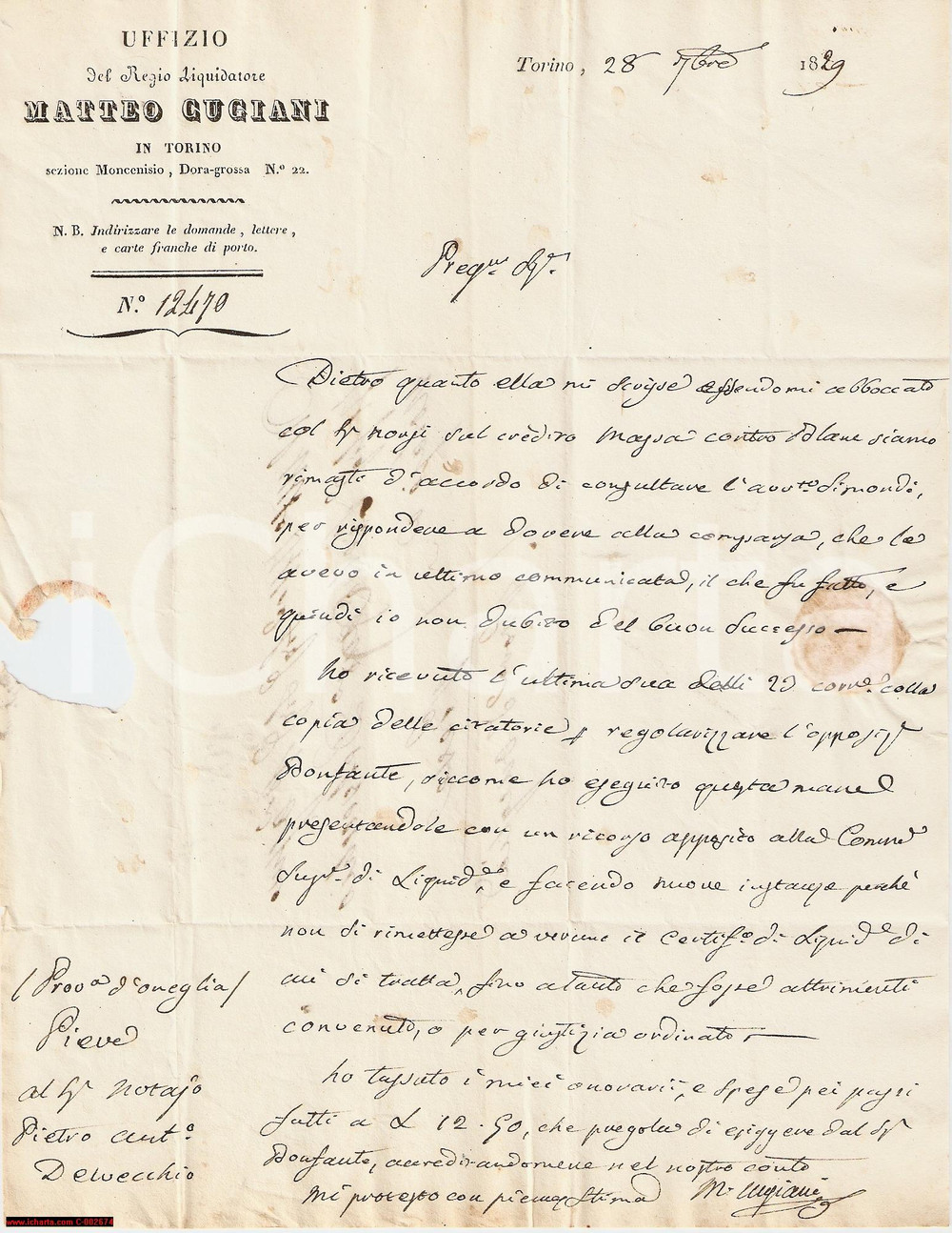 Documento originale, autentico 1829 TORINO Onorari Matteo CUGIANI Regio Liquidatore - Lettera 1