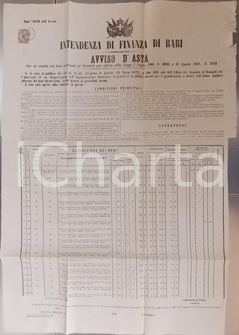 Documento originale, autentico 1874 MONOPOLI (BA) Asta oliveti ex capitolo cattedrale SAN MERCURIO *Manifesto 1