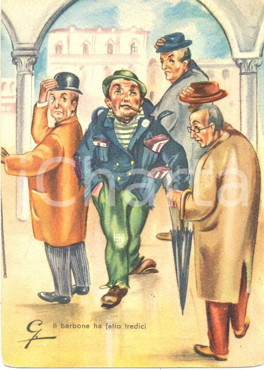 Cartolina originale da collezione 1955 NUOVI RICCHI Totocalcio: il barbone ha fatto 13  Cartolina satirica FG NV 1