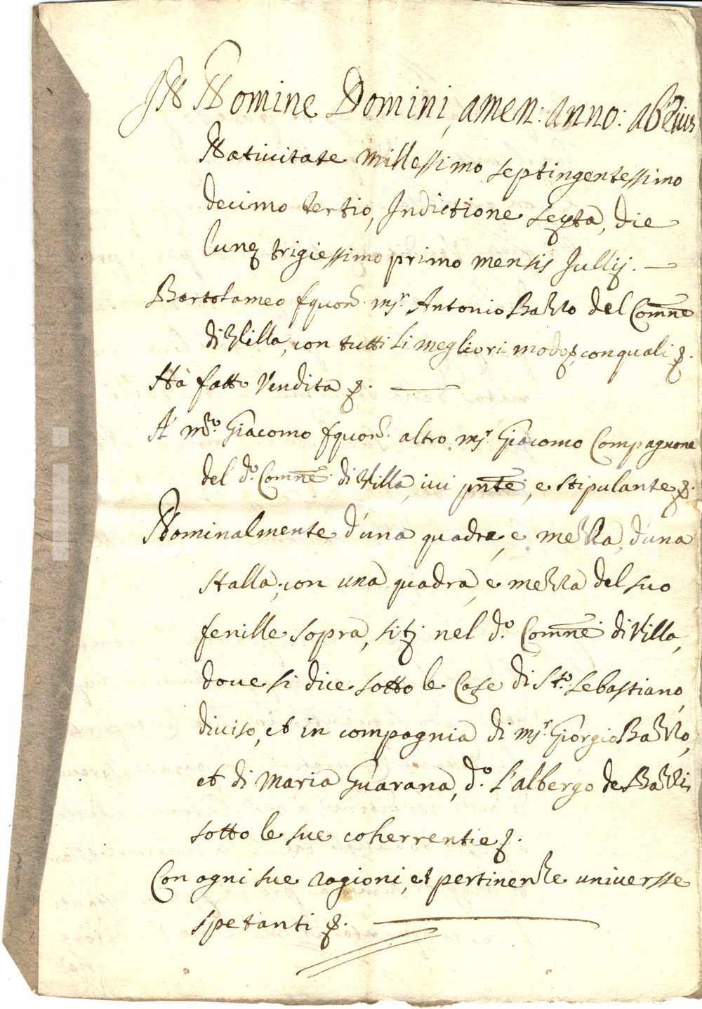 Documento originale, autentico 1713 VILLA DI CHIAVENNA Bartolomeo BAZZI vende stalla fienile SAN SEBASTIANO 1