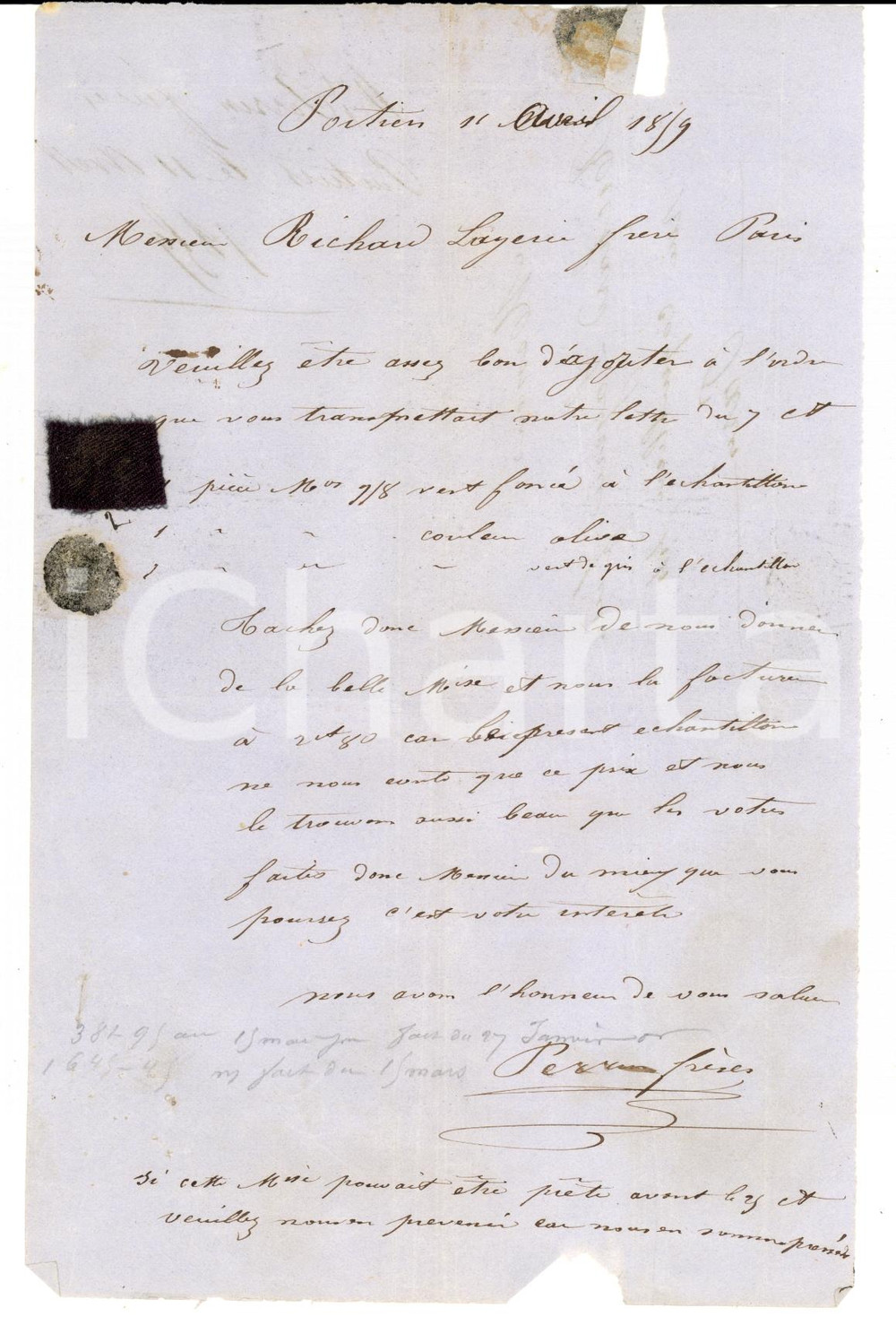 Documento originale, autentico 1859 POITIERS F Fratelli PERREN ordinano stoffa verde Lettera con campione 1