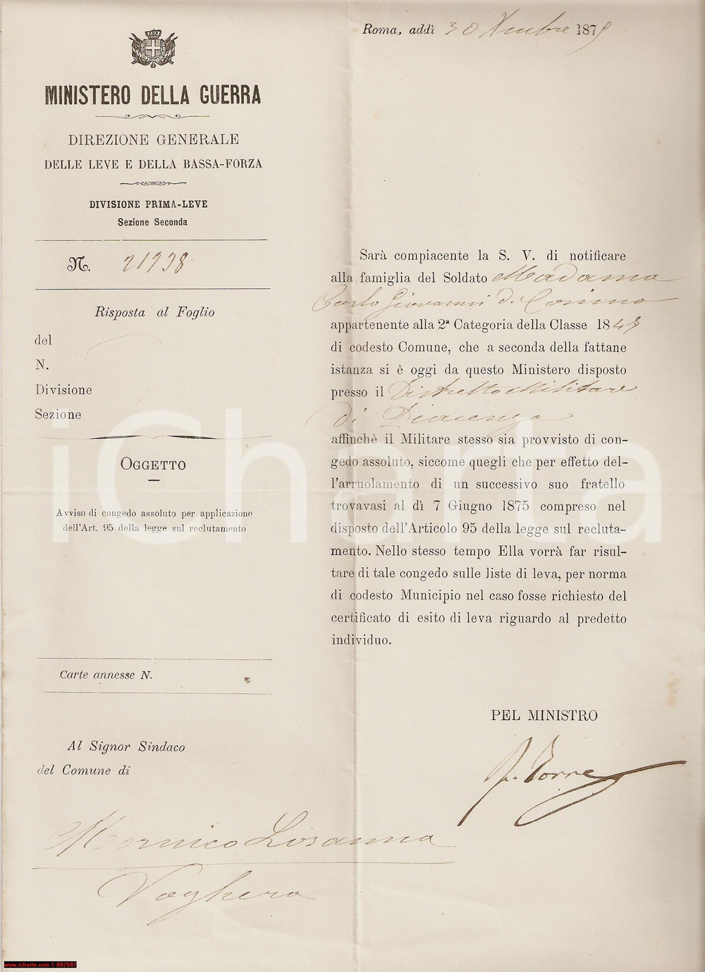 Documento originale, autentico 1875 MORNICO LOSANA (PV) Congedo Carlo Giovanni MADAMA - Arruolamento fratello 1