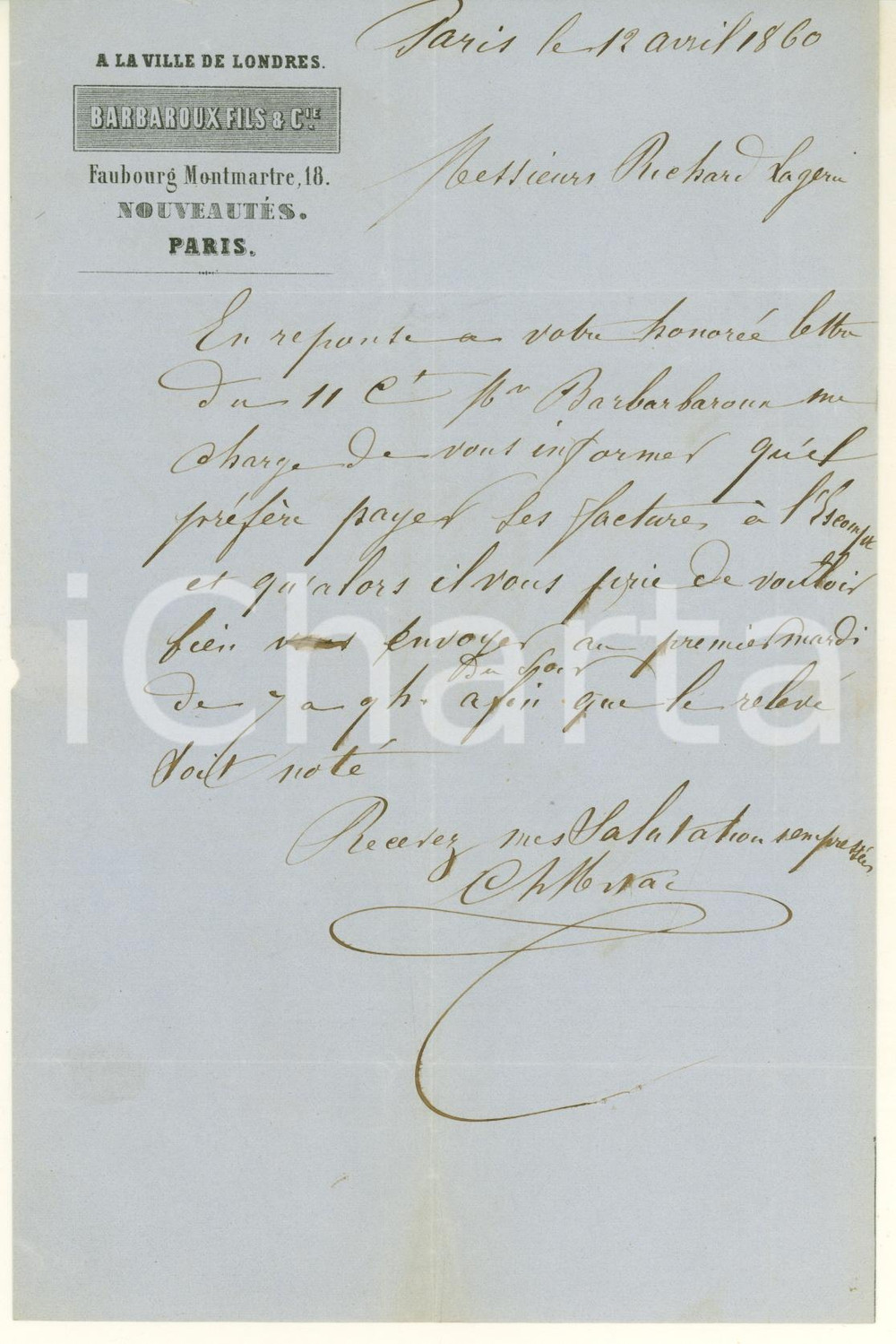 Documento originale, autentico 1860 PARIS MONTMARTRE Fornitura stoffe a ditta BARBAROUX Fils & Cie Lettera 1