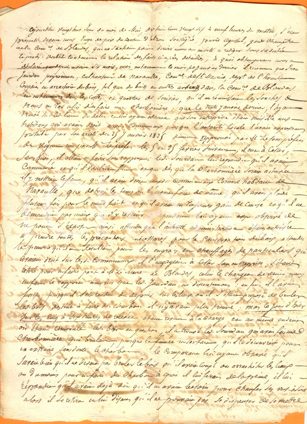 Documento originale, autentico 1826 BLANDAS Processo al contadino Jean JOURDAN per taglio abusivo nei boschi 1
