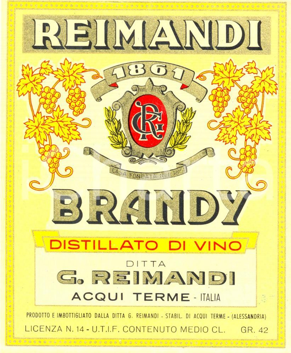 Materiale pubblicitario d’epoca 1970 ca ACQUI TERME AL Brandy Distillato di vino ditta REIMANDI ETICHETTA 1