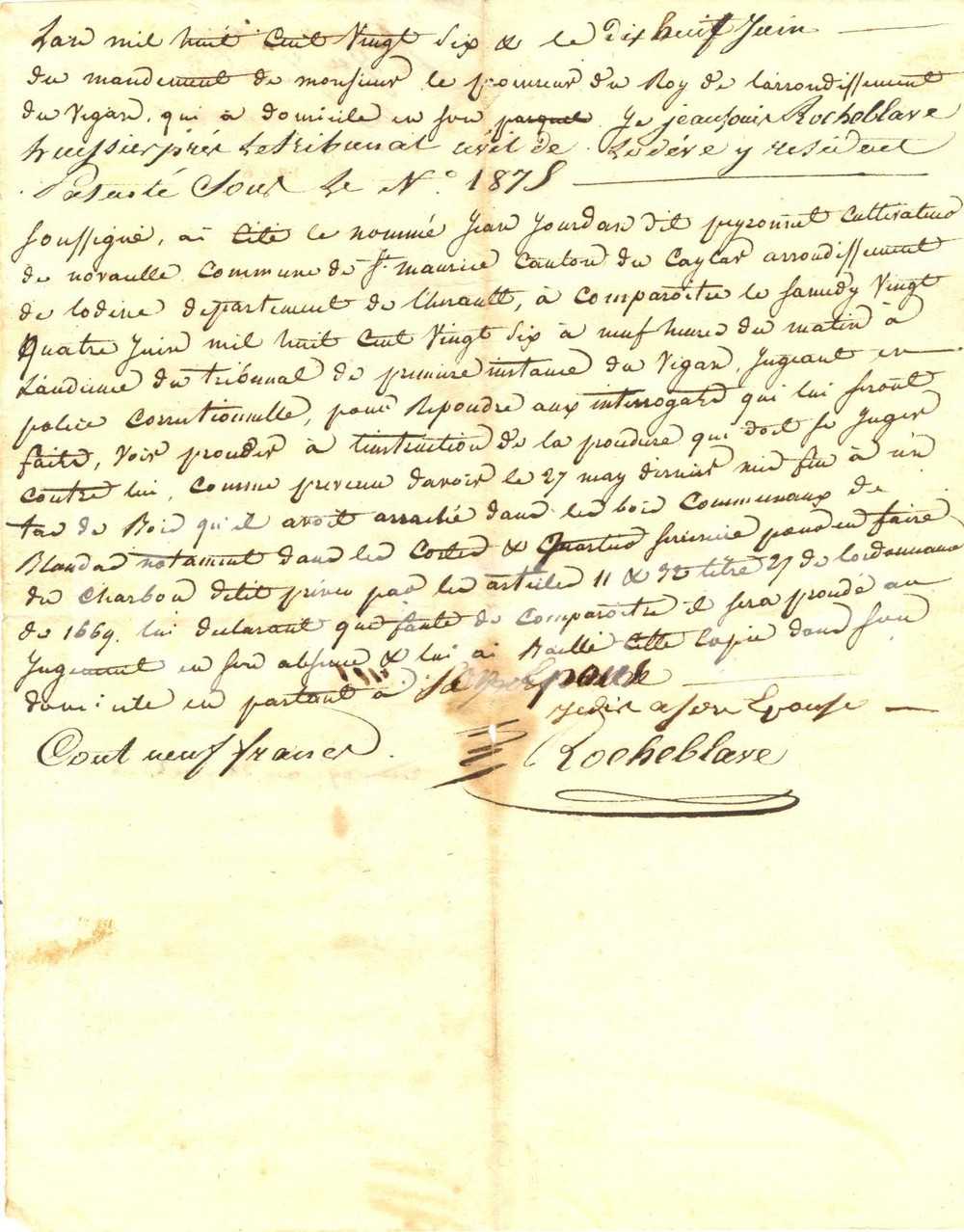 Documento originale, autentico 1826 BLANDAS F Processo al contadino Jean JOURDAN per taglio abusivo legna 1
