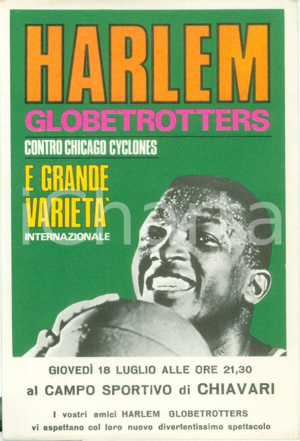 Materiale pubblicitario d’epoca 1980 ca CHIAVARI (GE) Basket HARLEM GLOBETROTTERS vs CHICAGO CYCLONES *Cartolina 1