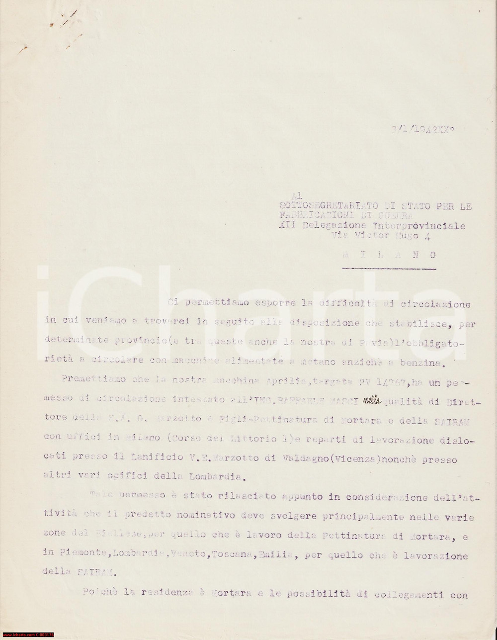Documento originale, autentico 1942 WWW2 MORTARA (PV) Lanificio MARZOTTO senza benzina - Lettera 1