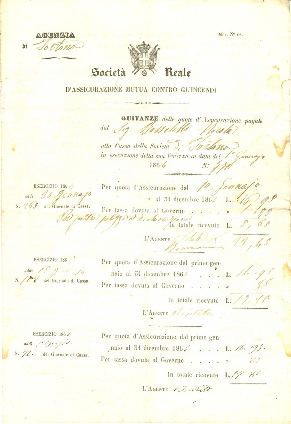 Documento originale, autentico 18641876 TORTONA AL Società Reale Mutua Incendi Nicola BOSSOLETTI quietanze 1