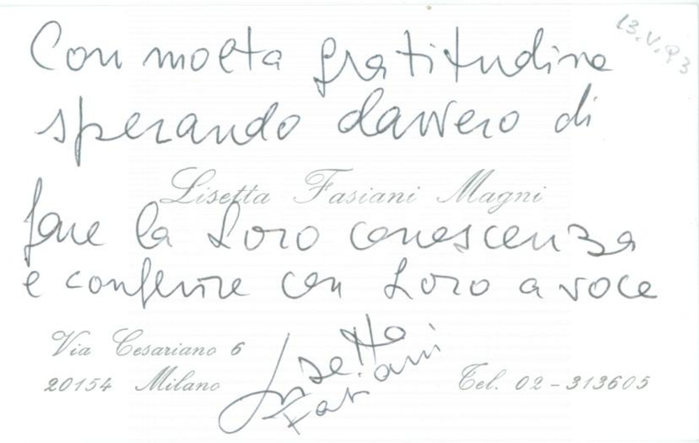 Autografo originale 1993 MILANO Lisetta FASIANI MAGNI Biglietto da visita con AUTOGRAFO 1