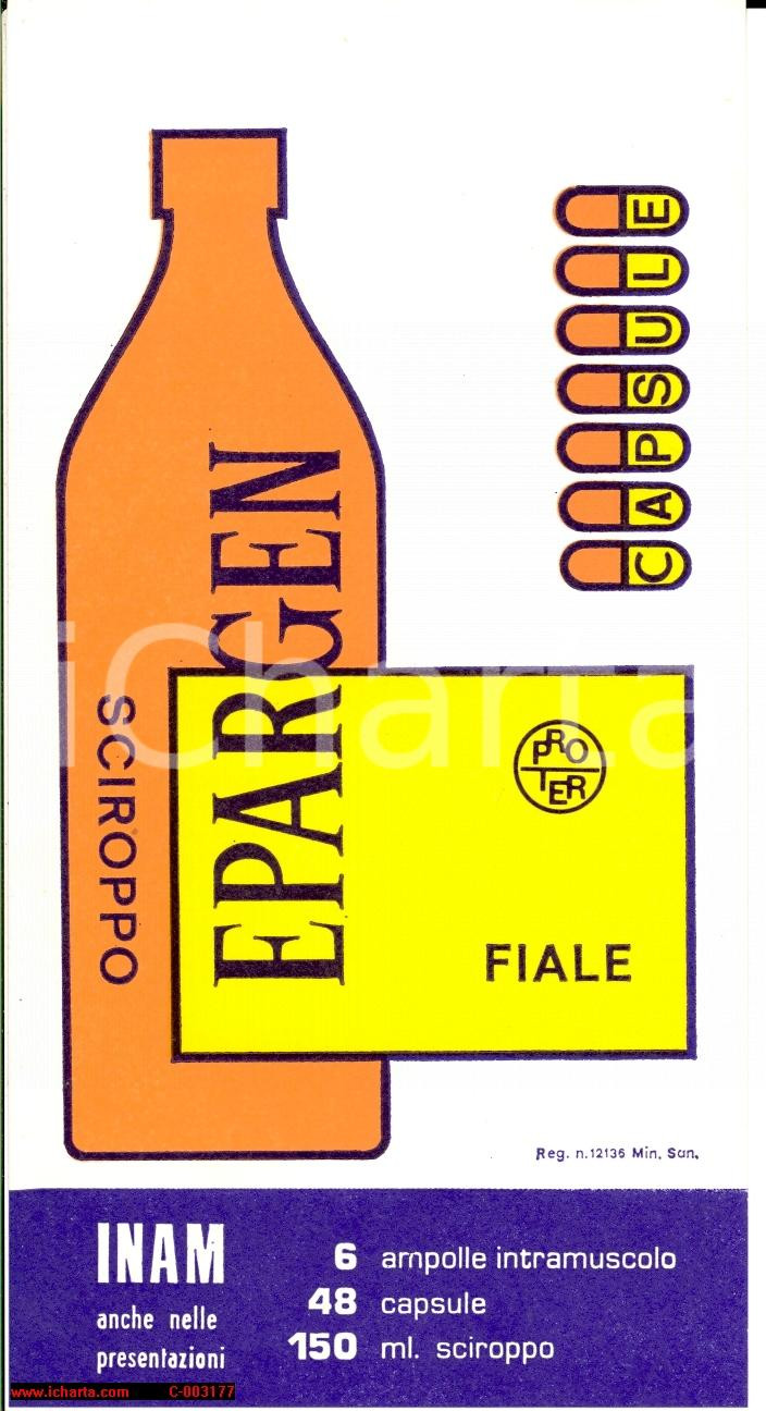 Materiale pubblicitario d’epoca 1960 ca FARMACEUTICA PROTER Pubblicità EPARGEN sciroppo fiale capsule 1