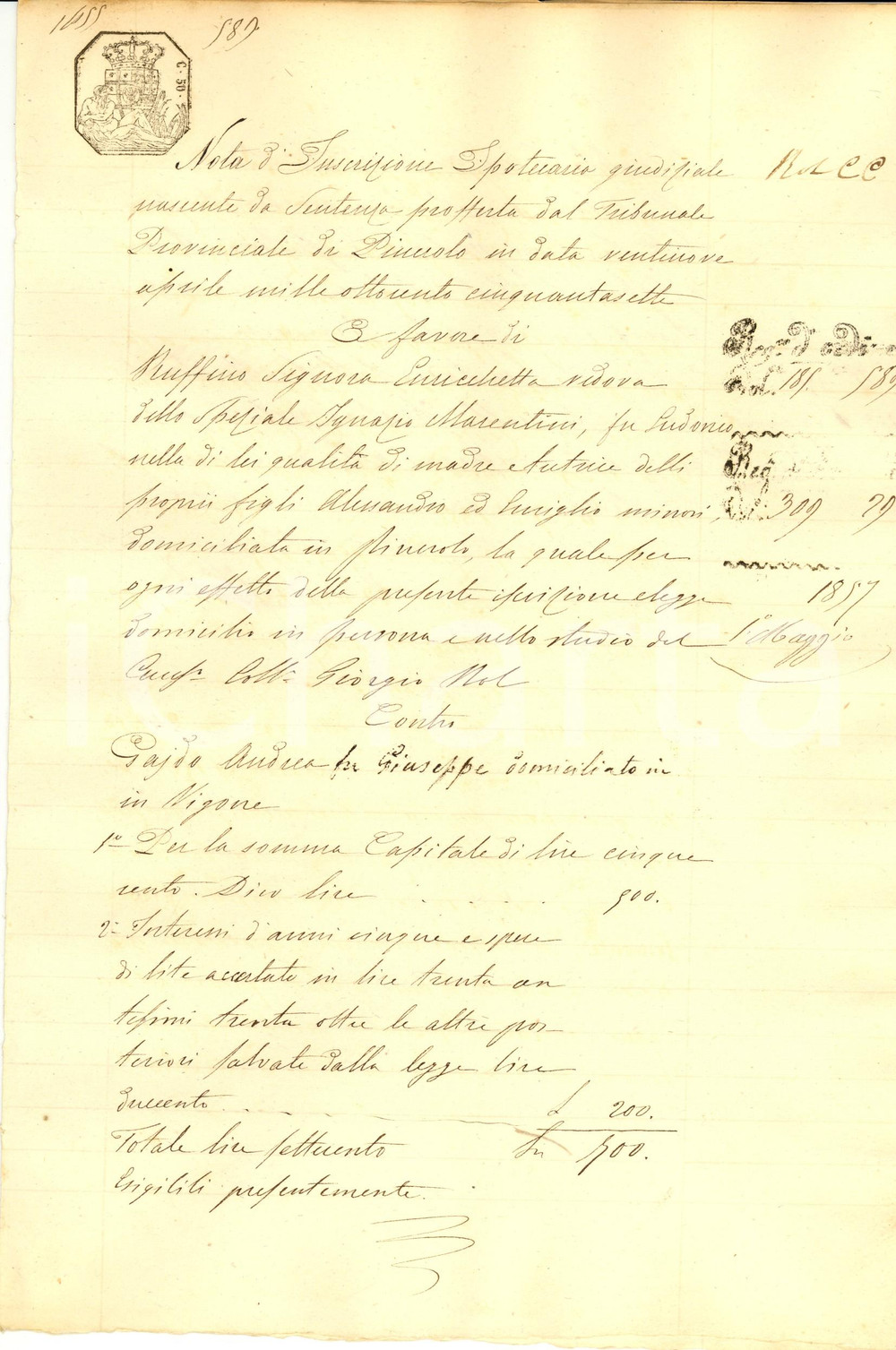 Documento originale, autentico 1857 PINEROLO TO Iscrizione Enrichetta RUFFINO vedova speziale Ignazio MARENTINI 1