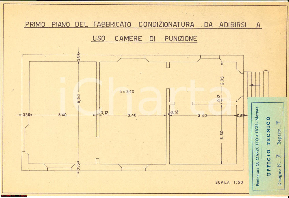 Mappa, planimetria storica 1942 MORTARA PV Camere punizione operai ditta MARZOTTO  Planimetria 1