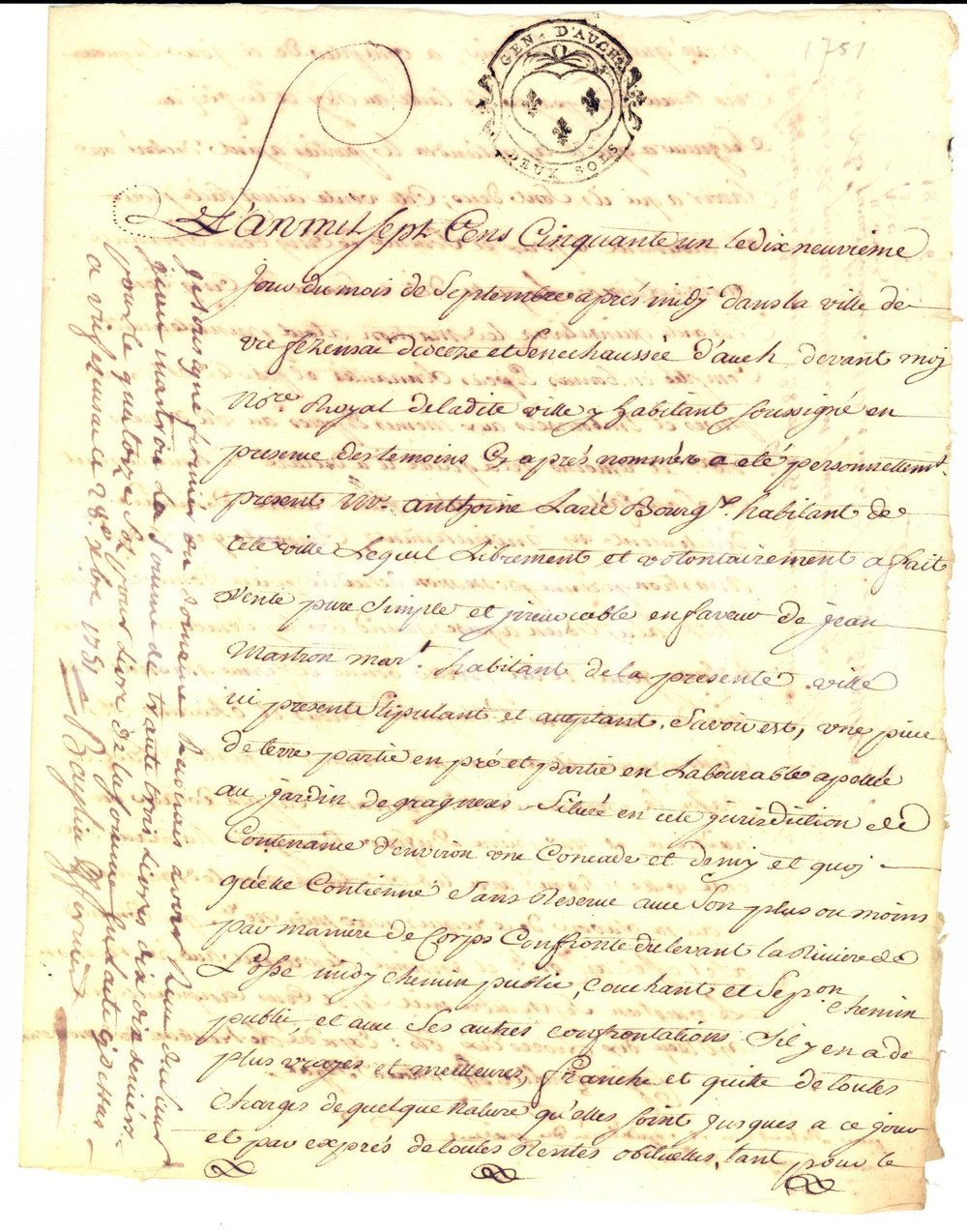 Documento originale, autentico 1751 VICFEZENSAC F Antoine LARIE vende terra AU JARDIN a Jean MASTRON 1