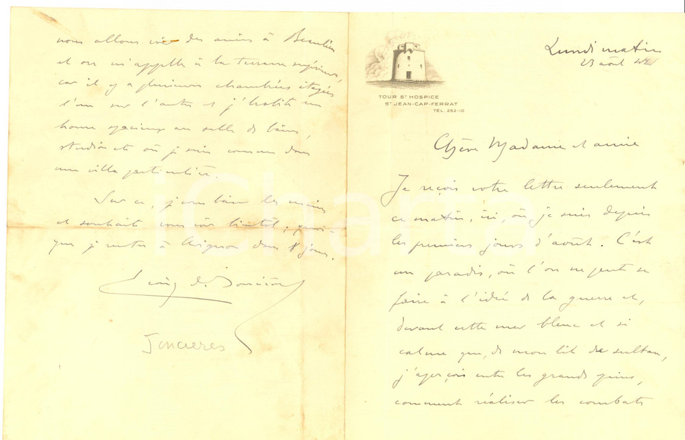 Autografo originale 1942 ST JEANCAPFERRAT Lettera pittore LÃ©once de JONCIERES Autografo 1