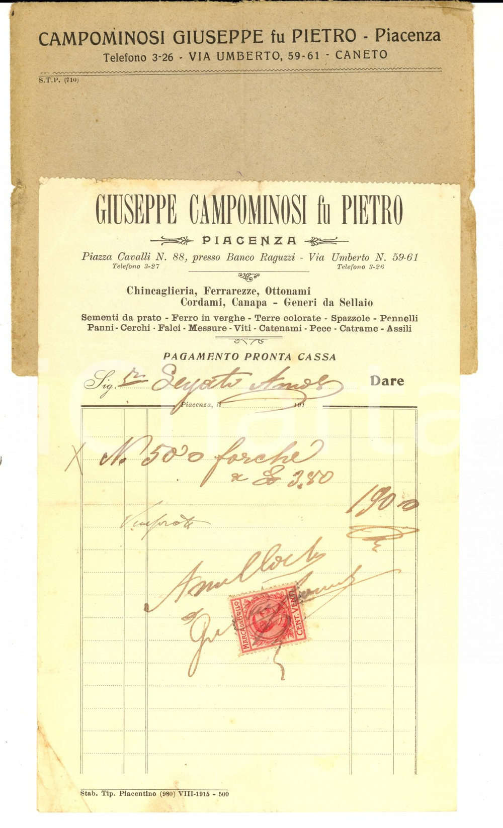 Documento originale, autentico 1910 ca PIACENZA Giuseppe CAMPOMINOSI fornitura di forche Fattura 1