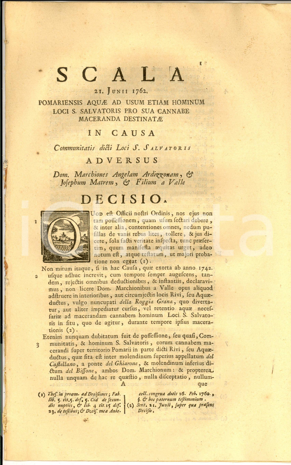 Documento originale, autentico 1762 SAN SALVATORE MONFERRATO Lite marchesa ARDIZZONE per macerazione canapa 1