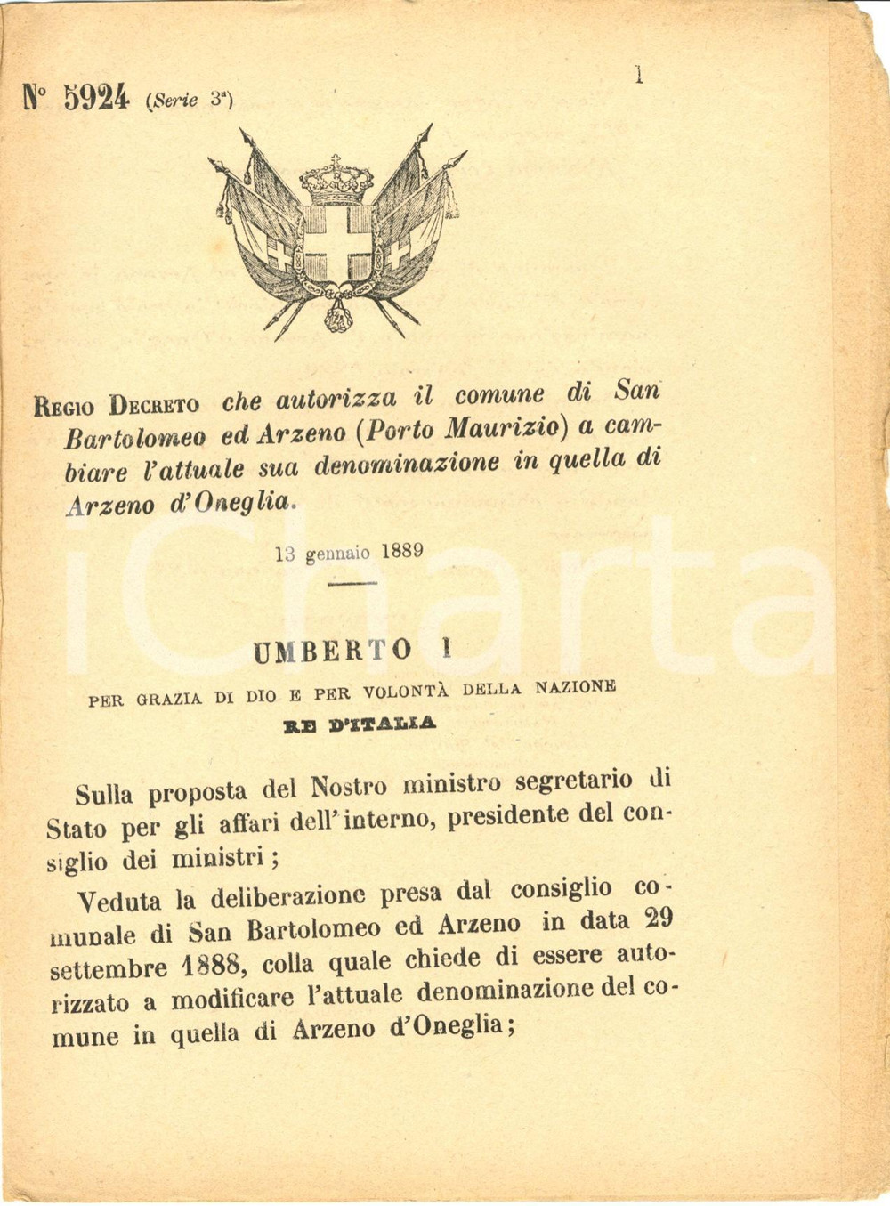Documento originale, autentico 1889 CESIO IM San Bartolomeo e ARZENO diventano ARZENO D ONEGLIA Decreto 1
