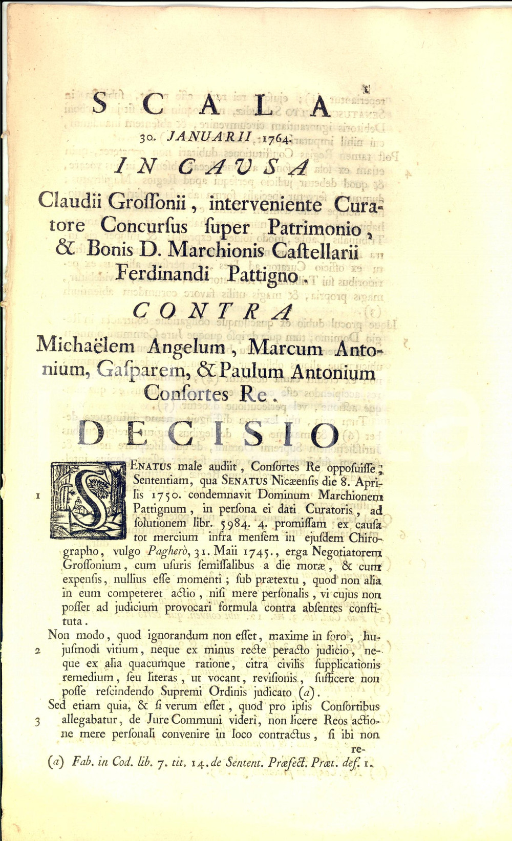 Documento originale, autentico 1764 TORINO Debiti del defunto marchese Ferdinando PATTIGNO vs CONSORTI 1