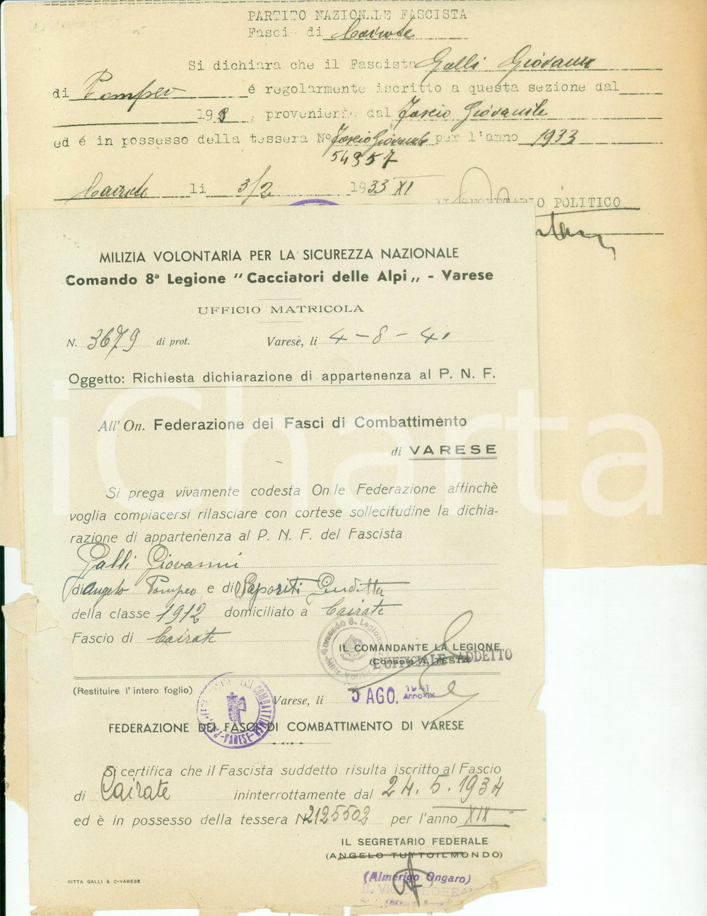 Documento originale, autentico 1941 CAIRATE (VA) 8^ Legione CACCIATORI DELLE ALPI Giovanni GALLI iscritto a PNF 1