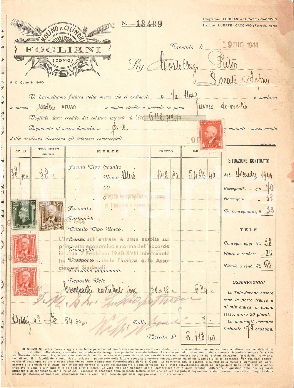 Documento originale, autentico 1944 LURATE CACCIVIO CO Molino a cilindri FOGLIANI Farina e macinati Fattura 1