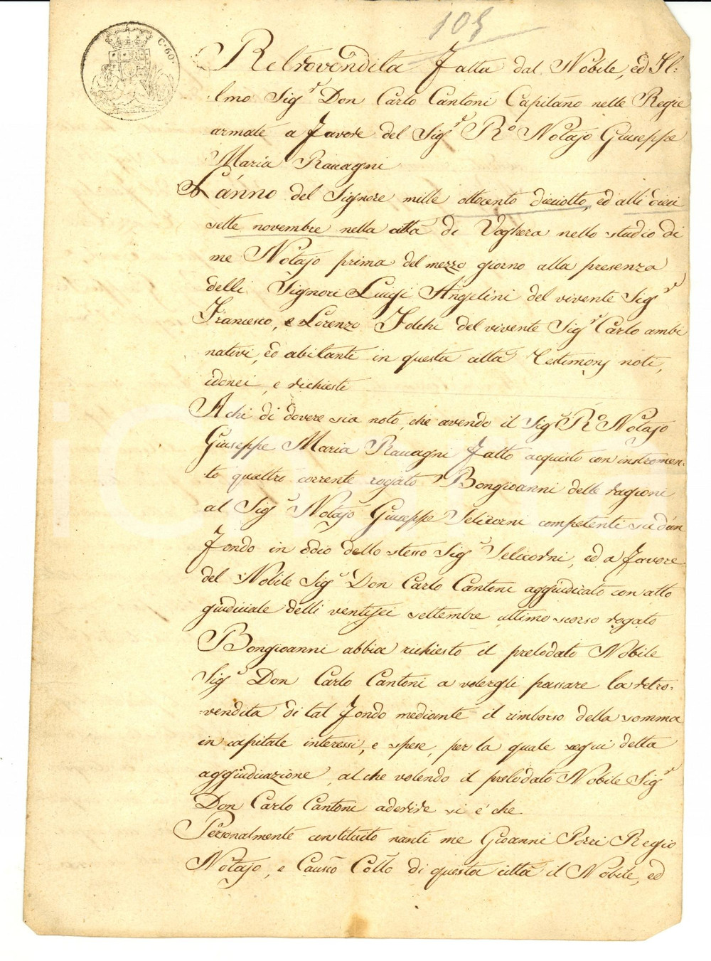 Documento originale, autentico 1819 VOGHERA (PV) Retrovendita terra del nobile Carlo CANTONI 1