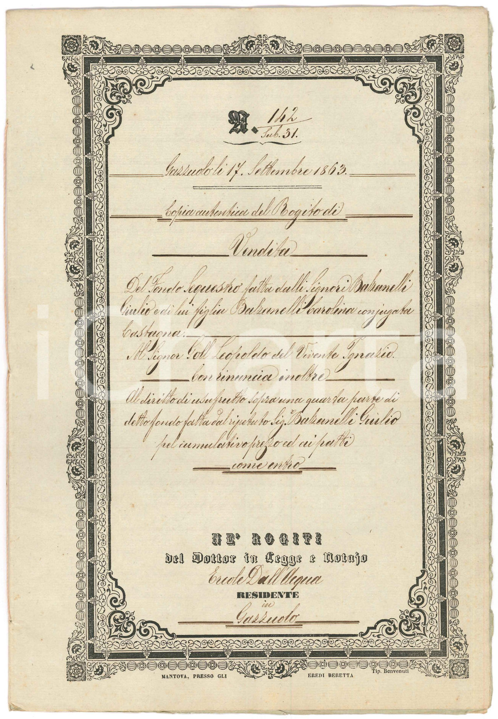 Documento originale, autentico 1863 CASTELLUCCHIO Giulio BALZANELLI vende bosco SEQUESTRO a Leopoldo GOLL 1