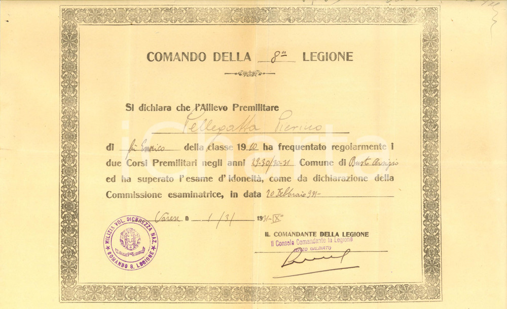 Documento originale, autentico 1931 BUSTO ARSIZIO 8 Legione MVSN Attestato Pierino PELLEGATTA Corsi Premilitari 1