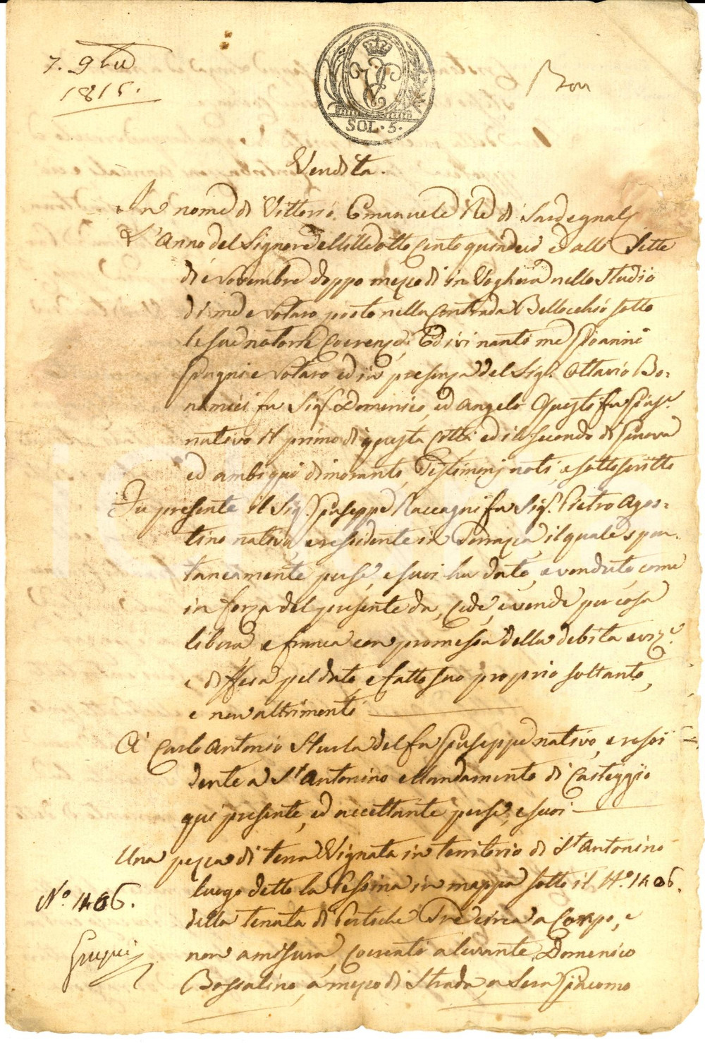 Manoscritto, lettera originale 1815 SANT'ANTONINO (PV) Giuseppe RACCAGNI vende vigna a Carlo Antonio STURLA 1