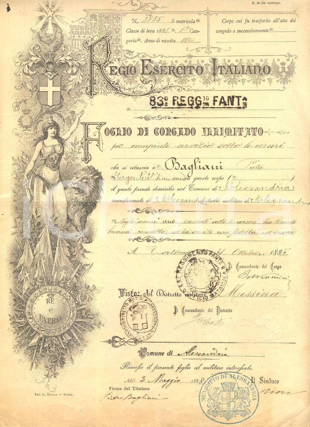 Documento originale, autentico 1887 ALESSANDRIA 83° Reggimento Fanteria Pietro BAGLIANI congedo illimitato 1