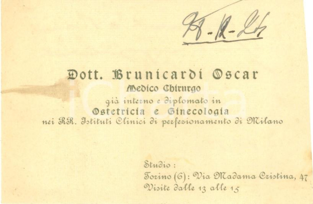 Documento originale, autentico 1924 TORINO Medico Chirurgo Oscar BRUNICARDI *Biglietto da visita 1