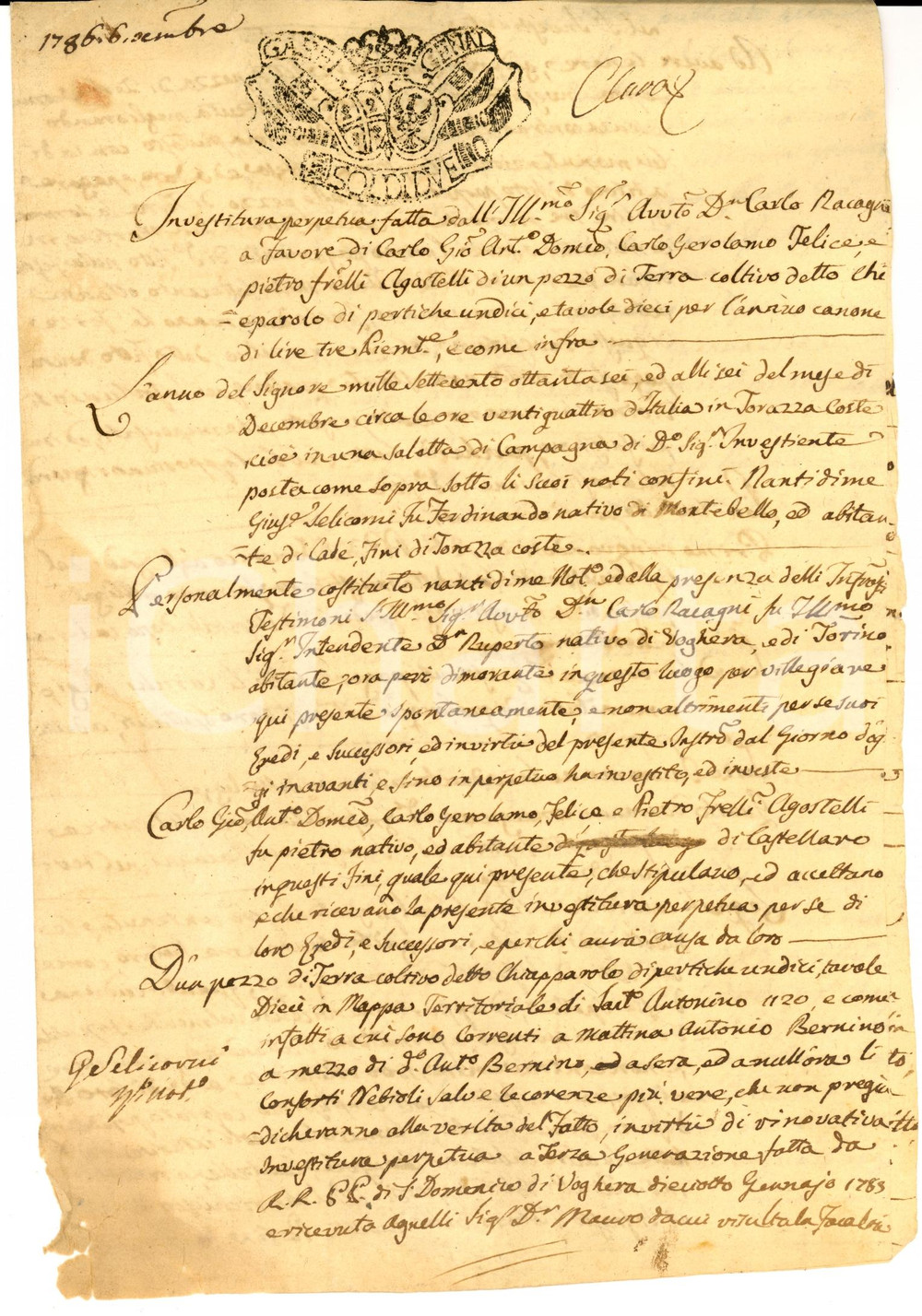Documento originale, autentico 1786 SANT'ANTONINO (PV) Investitura su fondo CHIAPPAROLO a fratelli AGOSTELLI 1