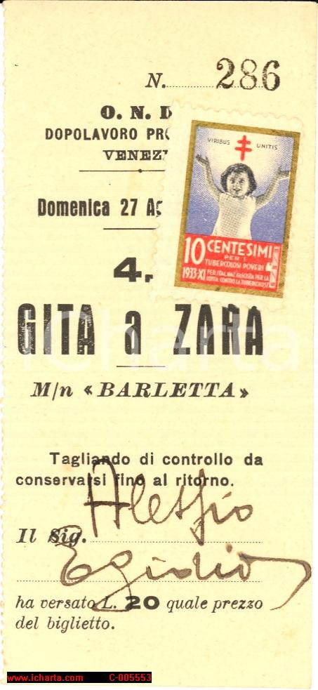 Oggetto da collezione cartaceo 1933 OND VENEZIA Biglietto gita a Zara su motonave BARLETTA 1