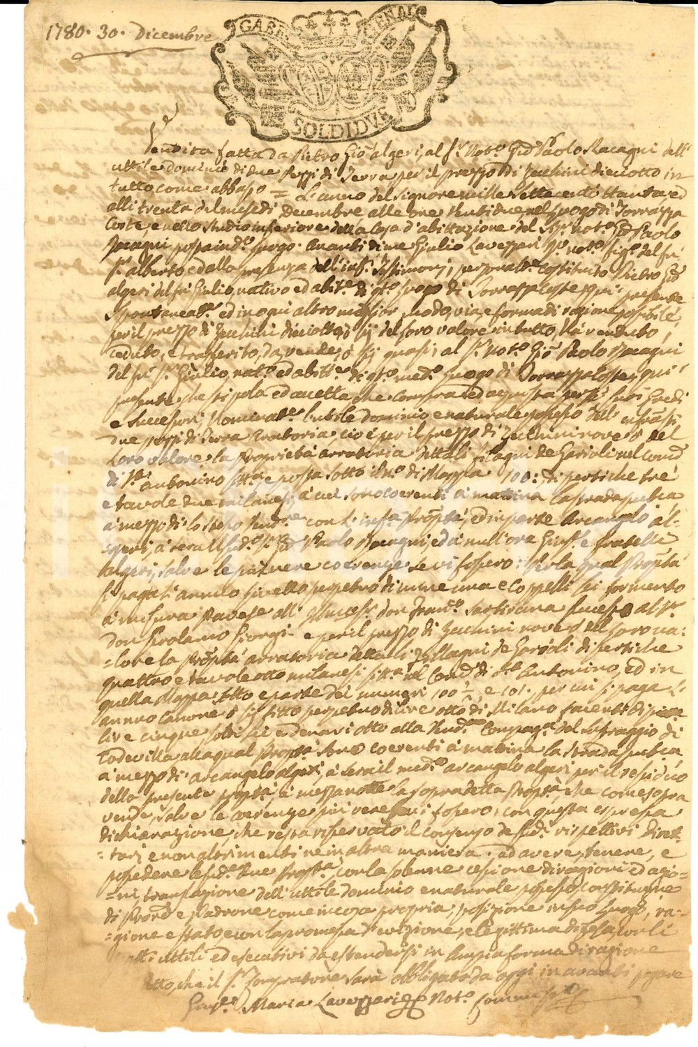 Documento originale, autentico 1780 TORRAZZA COSTE (PV) Pietro Giovanni ALGERI vende due terreni arativi 1